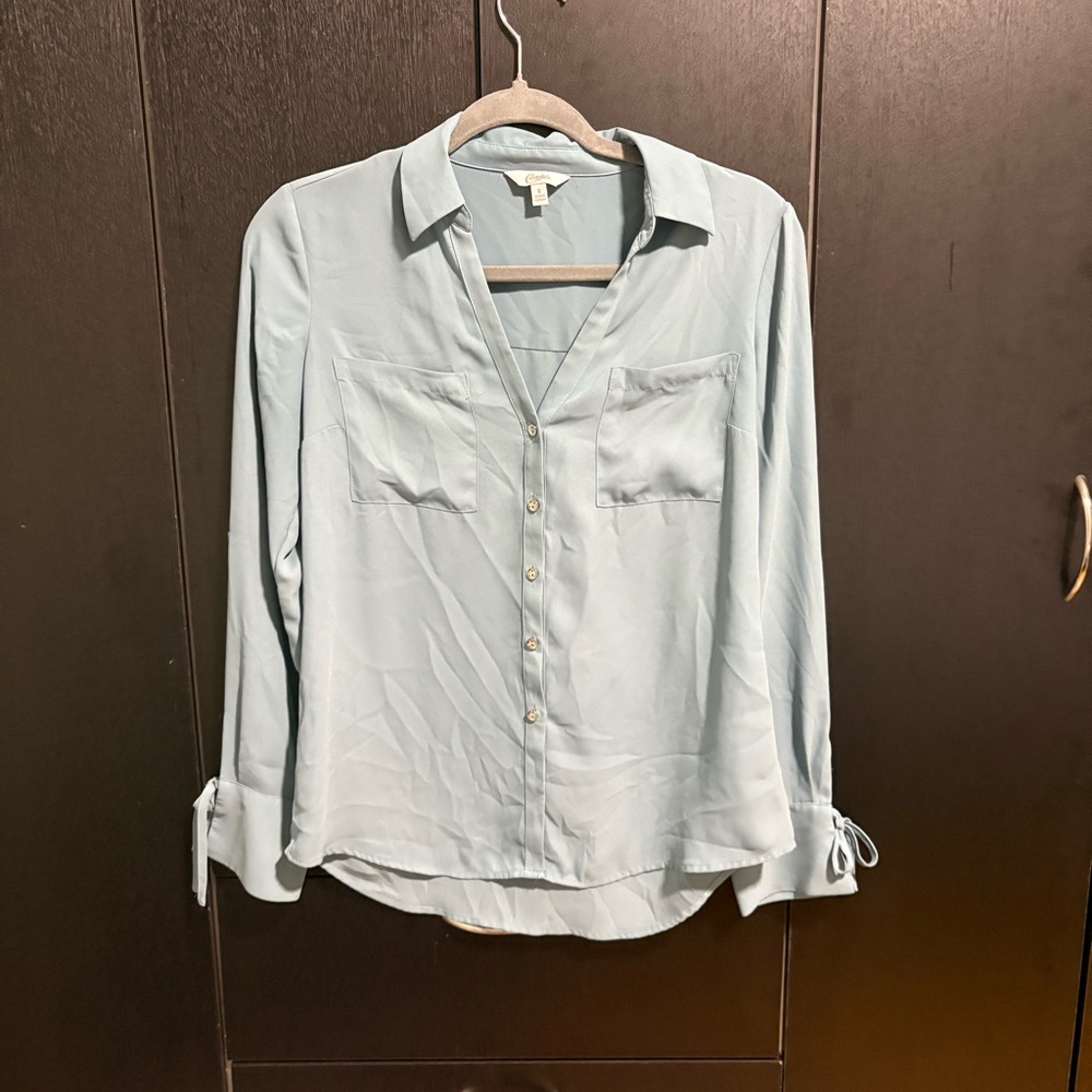 Candies Grey Blue Button-Up Blouse with Tie Cuffs